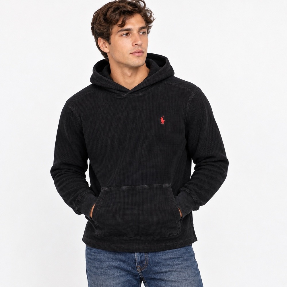 Polo Ralph Lauren Thermal Hoodie Waffle Knit Gorpcore Streetwear XL Black